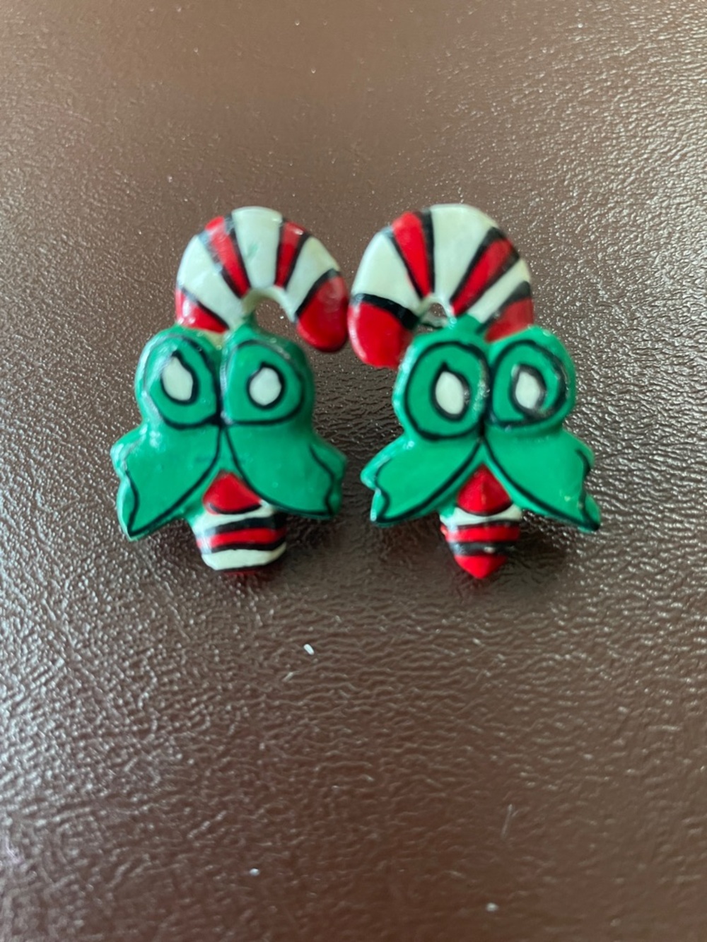 VTG Handpainted Red and White Candy Cane Earrings with Green bows